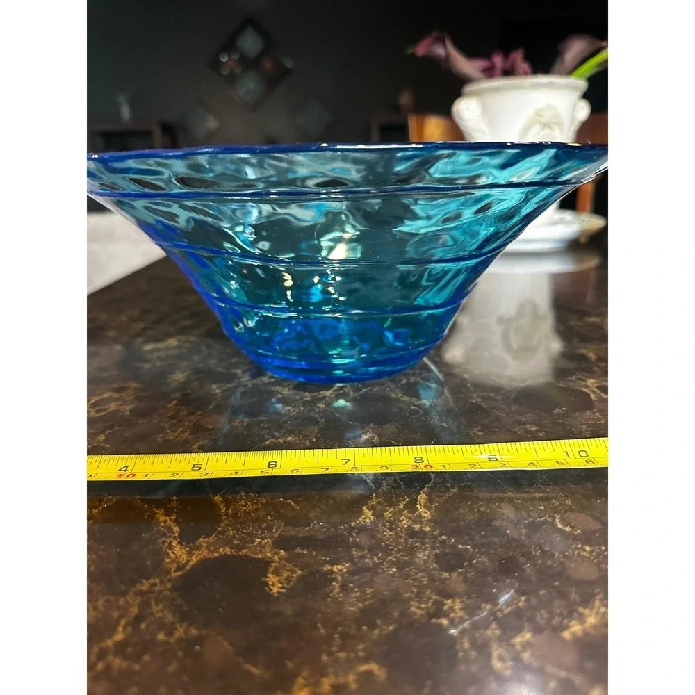 Turquoise Blue Glass Decorative Bowl Wavy Rim Textured Centerpiece 11.5 Inch